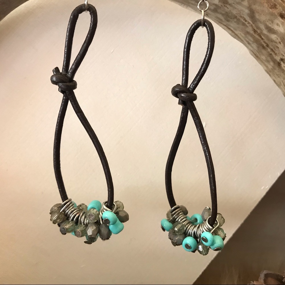 Brown leather loop w/ turquoise glass beads